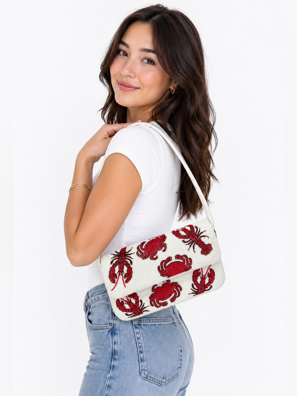 🦋VIRAL Sincerely Jules Beaded 
Crab Lobster Shoulder Bag White Red
Embroider